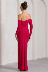 Red Bardot Ruched Maxi With Sleeves And Side Split